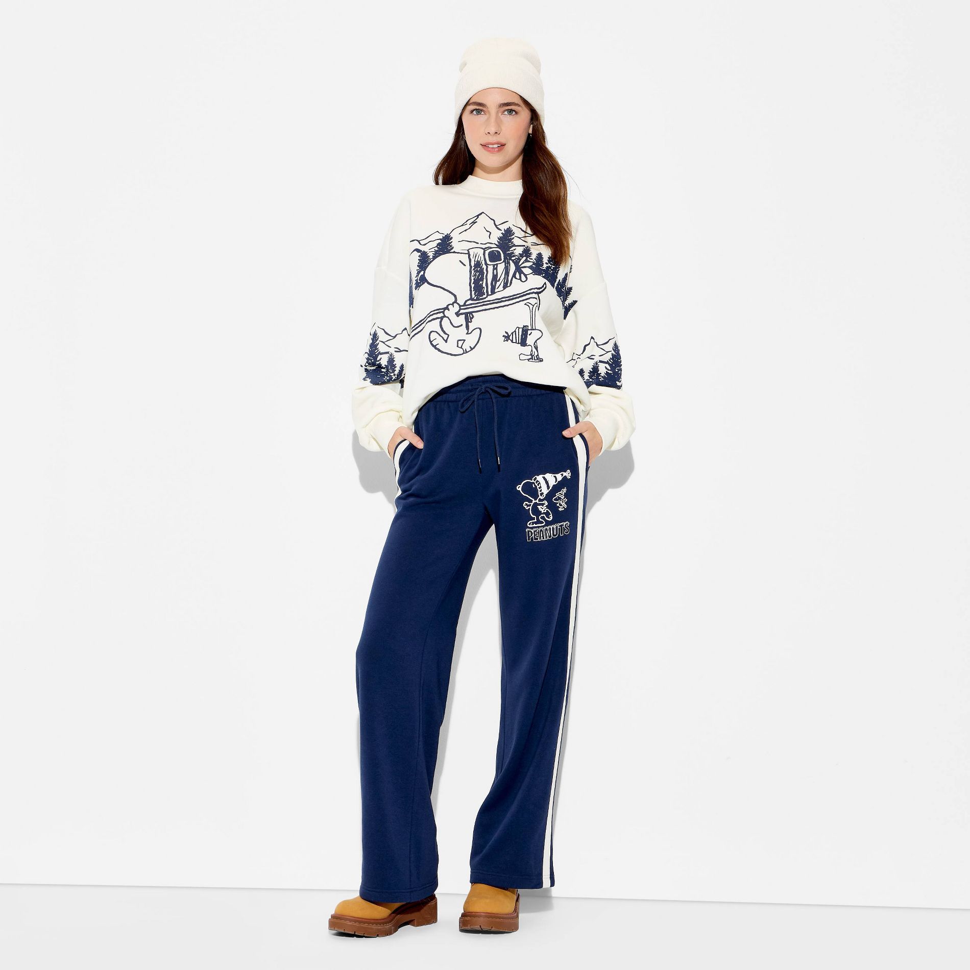 Women's Snoopy Wide Leg Graphic Pants - Navy Blue