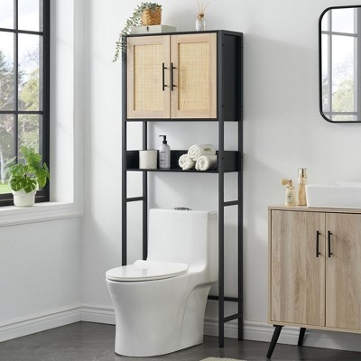 Over The Toilet Storage Cabinet with Rattan Door, Bathroom above Toilet Storage Cabinet with Adjustable Shelves, Large Capacity Bathroom Organizer