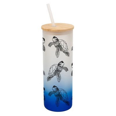Elanze Designs Sea Turtle Ocean Life Wrap-Around Design 25 Ounce Frosted Gradient Glass On-The-Go Coffee Travel Skinny Tumbler Mug Cup, Bamboo Lid and