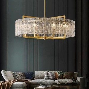 Siljoy Gold Crystal Chandeliers, Water Ripple Glass Drum Pendant Light Fixture with Adjustable Height, Glass Chandelier for Indoor - 1 of 4