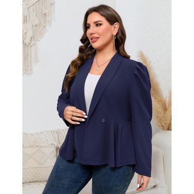 Женские куртки YesFashion Plus Size Women's Peplum Blazer Jacket, Double Breasted Puff Shoulder Lapel Suit Coat, Curvy Fit Office Casual Outerwear Navy Blue 2X — фото 4