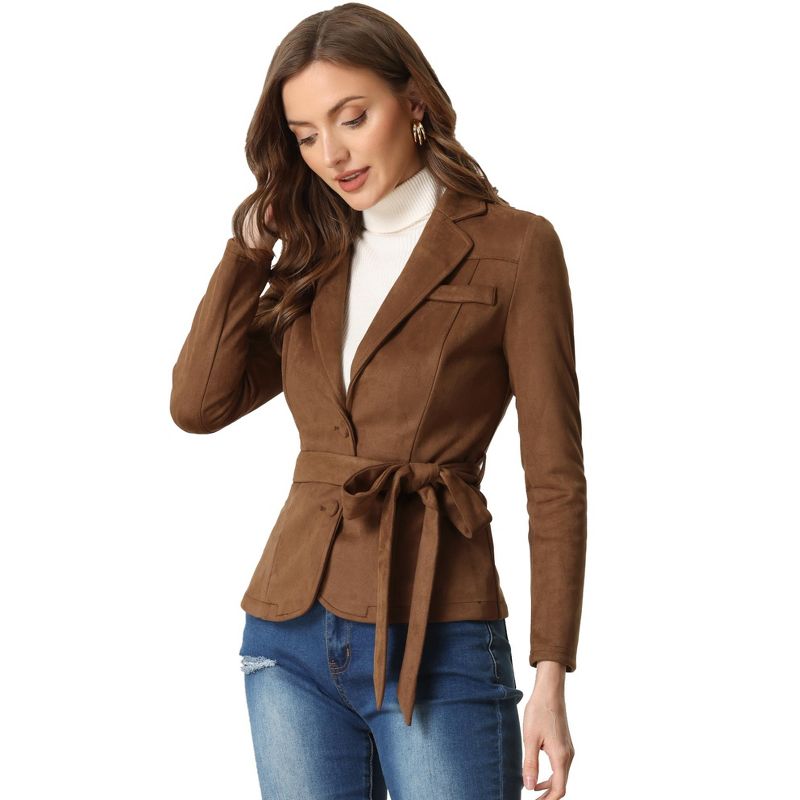Allegra K Women's Faux Suede Notched Lapel Collar Casual Jackets with Belt, 3 of 6
