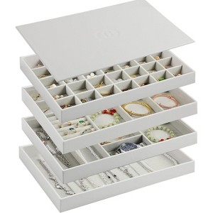 Set of 4 Extra Large Jewelry Trays with Lids, PU Leather Stackable Drawer Organizer for Rings & Necklaces, Grey - 1 of 4