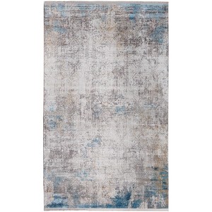 Ivory Gray and Blue Abstract Power Loom Area Rug With Fringe - 1 of 4