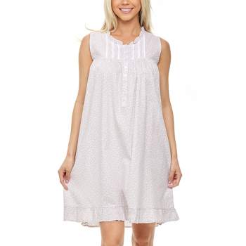 Women's Cotton Victorian Nightgown, Audrey Sleeveless Lace Trimmed Button Up Sleeveless Vintage Night Dress Gown