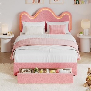 Full Platform Bed for Kids, Adjustable Boucle Headboard, Storage Drawer, Lamb Fleece Upholstery, Wooden Slats, No Box Spring, Pink - 1 of 4