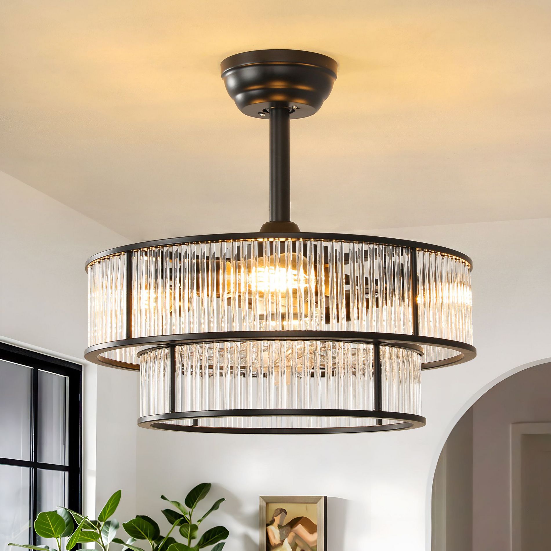 KAISITE Modern Crystal Column Ceiling Fan with Light Remote Reversible Motor