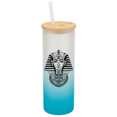 Elanze Designs Pharaoh Ancient Regal Icon Sky Blue Frosted Gradient Glass Tumbler with Bamboo Lid & Straw 25 ounce Reusable Iced Coffee or Water Cup,