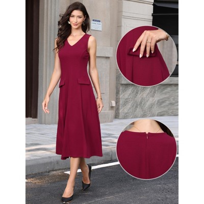 Женские платья INSPIRE CHIC Women's Business Office V Neck Sleeveless Faux Pockets A-Line Midi Dresses Small Deep Red — фото 3