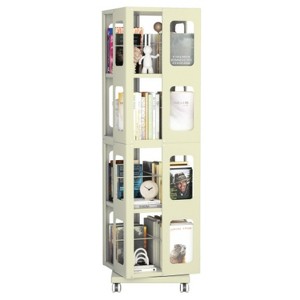 Yellow 4-tier all-steel rotating bookcase with 360° rotating wheels, large capacity, sturdy and durable bookcase - 1 of 4