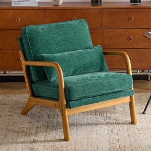 Karl Home Dark Green Mid Century Solid Wood Accent Chair Chenille Armchair - 1 of 4