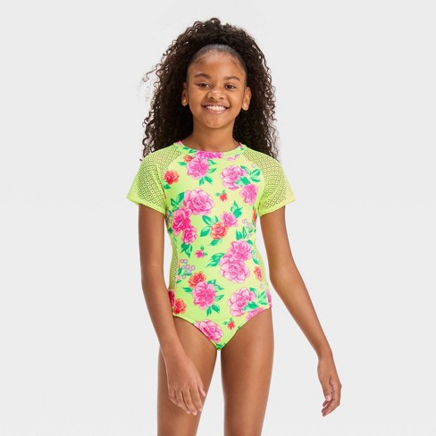 Girls' Tropical Charm Leaf Printed One Piece Rash Guard Swimsuit