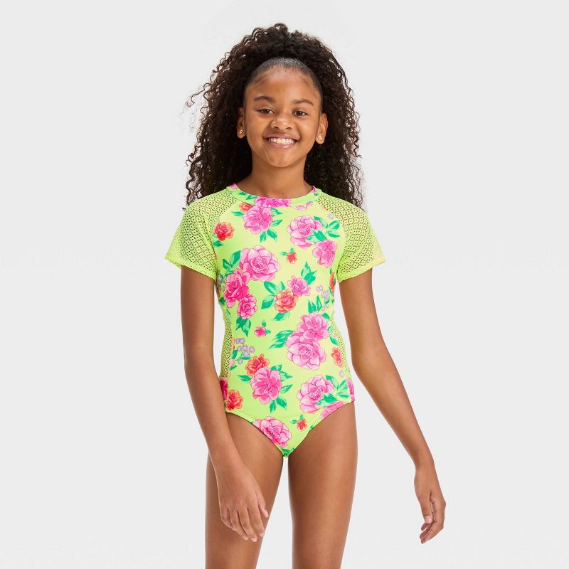 Girls&#39; &#39;Pretty Peony&#39; Floral Printed One Piece Swimsuit - art class&#8482;, 1 of 5