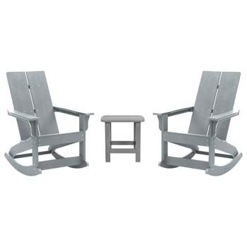 Flash Furniture Set of 2 Finn Modern Commercial Grade All-Weather 2-Slat Poly Resin Rocking Adirondack Chairs with Side Table