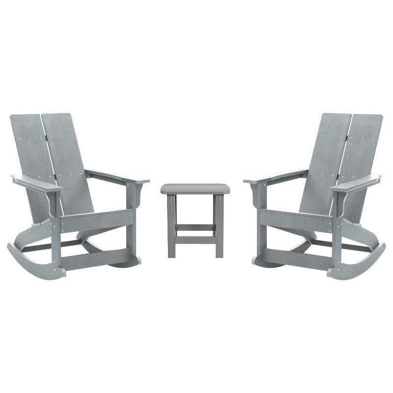 Flash Furniture Set of 2 Finn Modern Commercial Grade All-Weather 2-Slat Poly Resin Rocking Adirondack Chairs with Side Table, 1 of 12