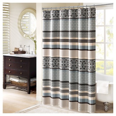 blue and silver shower curtain