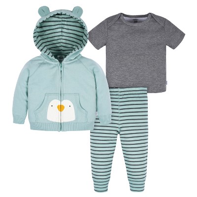 Image of Gerber Baby and Toddler Boys' Hoodie, T-Shirt & Active Pant Set - Penguin - 6-9 Months - 3-Piece