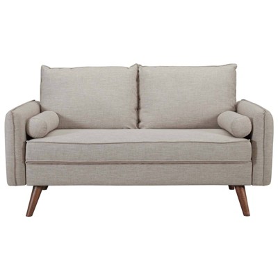 Beige Fabric Loveseat with Walnut Wood Legs