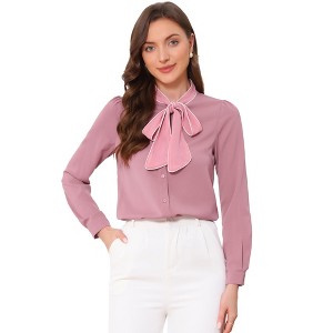 INSPIRE CHIC Women's Tie Neck Contrast Color Button Down Long Sleeves Shirt - 1 of 4