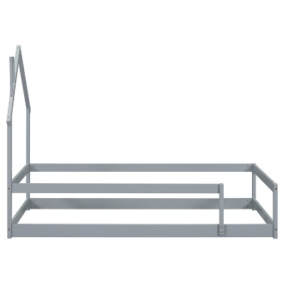 DOMETOUR Twin Size Wood bed with House-shaped Headboard Floor bed with Fences,Grey
