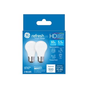 GE 2pk 5.5W 60W Equivalent Refresh LED HD Ceiling Fan Light Bulbs Daylight: Dimmable, 500 Lumens, 5000K, E26 Base - 1 of 3