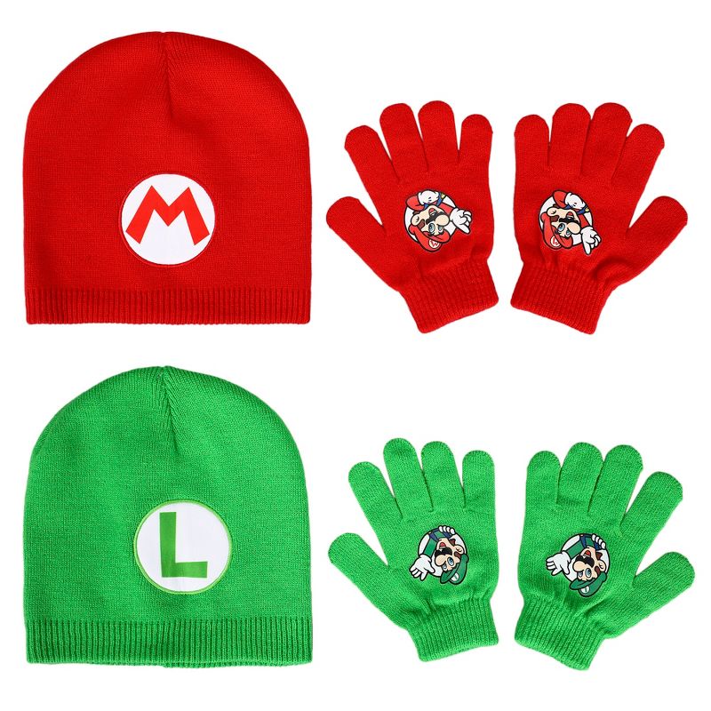Super Mario Brothers Mario & Luigi Youth 2-Pack Beanie And Glove Set for Kids, 1 of 7