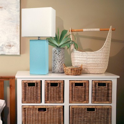 Aqua Leather Table Lamp with White Fabric Shade