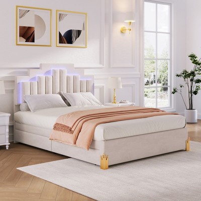 Full/Queen Size Upholstered Platform Bed with LED Lights and 4 Drawers, Stylish Irregular Metal Bed Legs Design - ModernLuxe