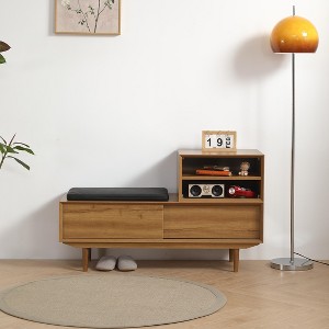 Vynxaria ANTIQUE HALLWAY BENCH CABINET IN OAK COLOR - 1 of 4