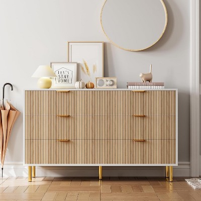 Modern 5/6 Drawer Dresser, Stylish Wood Chest with Gold Handles, Large Storage Drawers, Elegant Organizer for Bedroom, Living Room, Entryway
