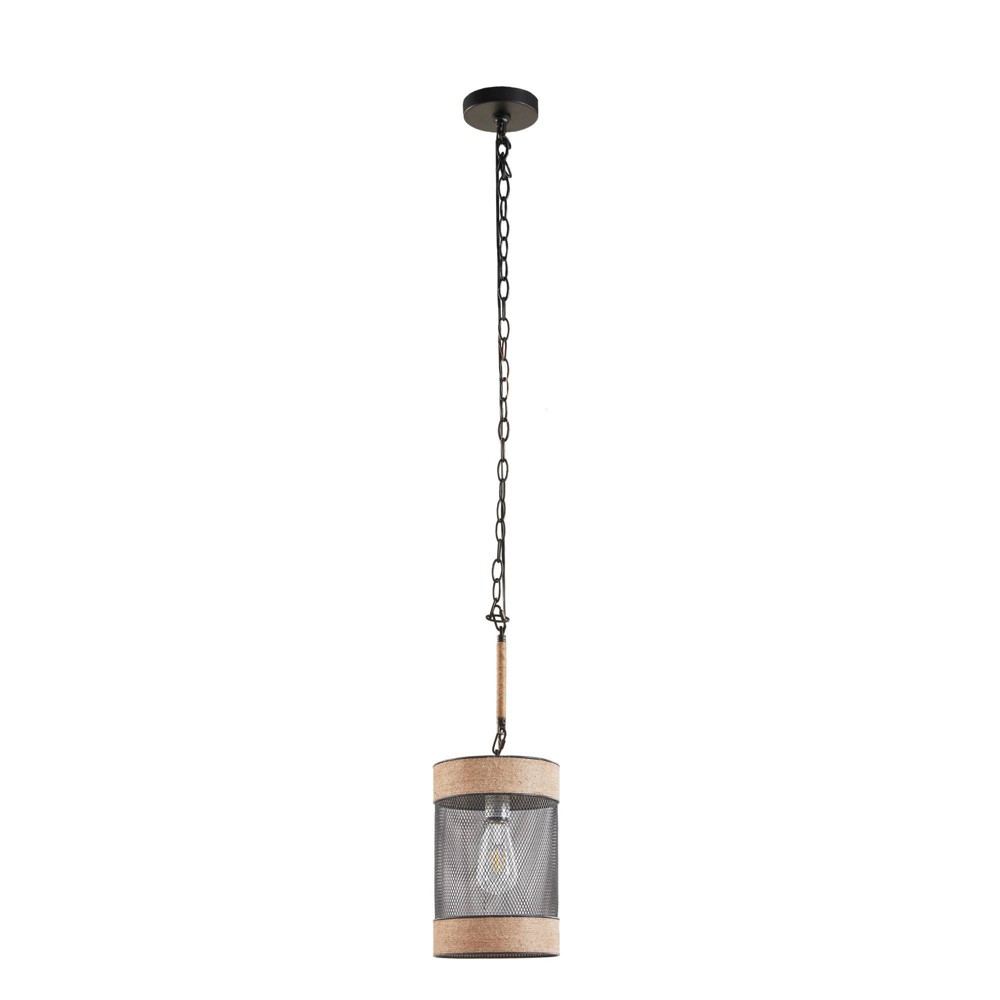 Photos - Chandelier / Lamp Orion Natural Rope and Metal Mesh Cylinder Pendant Black - Ink+Ivy