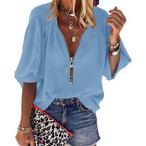 Imily Bela Womens V-Neck Lantern Sleeve Blouse Zipper Design Loose Casual Top Shirts - 1 of 4