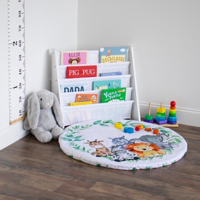 White 4-Tier Kids Book Rack with Fabric Pockets