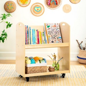 Guidecraft EdQ Rolling Book Storage Cart for Classroom: Single Sided 2-Shelf Wooden Book Display Rack on Wheels - 1 of 4