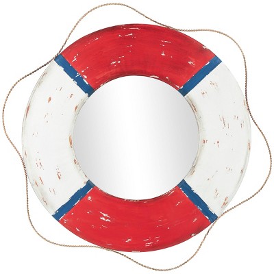 31"x31" Metal Lifesaver Wall Mirror with White/Red - Olivia & May: Nautical Coastal Decor, No Assembly Required