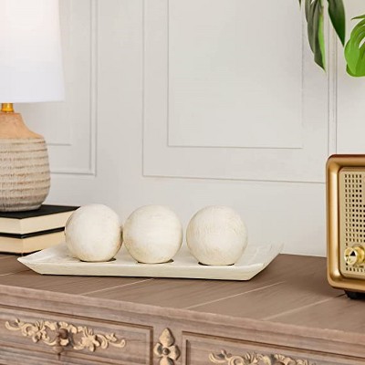 Rustic Luxe Off-White Plastic Decorative Tray and Orbs Set