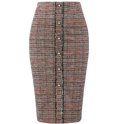 Hobemty Women's Tweed High Waist Button Decor Knee Length Pencil Skirts