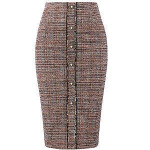 Hobemty Women's Tweed High Waist Button Decor Knee Length Pencil Skirts - 1 of 4