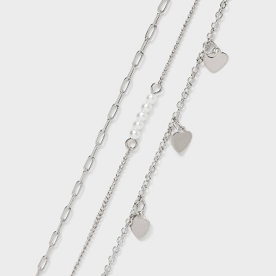 Charmed Heart Anklet Set 3pc - Wild Fable™ Silver: Lobster Claw Clasp, Iron Brass Acrylic, 9" Length
