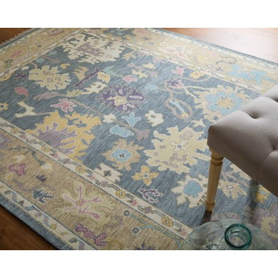 Karina Blue and Beige Hand-Knotted Wool Floral Area Rug
