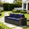 89" Outdoor 3 Seat Wicker Patio Sofa with Cushions and Wood Grain Armrests, All Weather Couch for Deck or Garden -3irtyhousy - 2 of 4