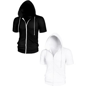 Lars Amadeus Men's Solid Color Zip Up Short Sleeves Hoodies Sweatshirt 2 Packs - 1 of 4