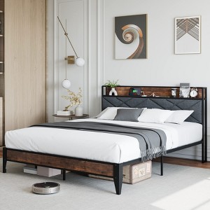 Heavy-Duty Platform Bed Frame with Storage Shelf and Button Tufted Fabric Headboard, Built-In Charging Station and Metal Slat Support - 1 of 4