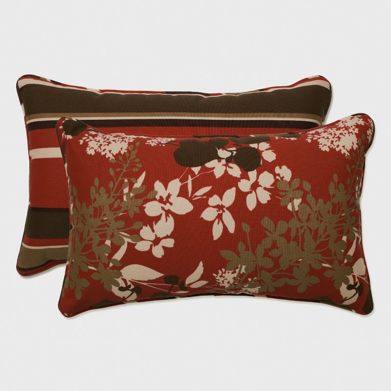 2-Piece Outdoor Reversible Lumbar Pillow Set - Brown/Red Floral/Stripe 18&#34; - Pillow Perfect, 1 of 10
