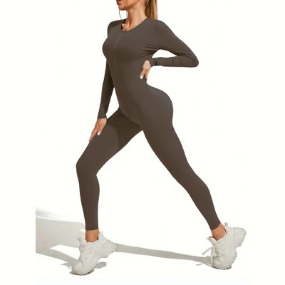 DOMETOUR Zip Front Sports Yoga Jumpsuit for Women Tummy Control Unitard Bodysuit Athletic Rompers, Dark Brown-S