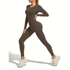 DOMETOUR Zip Front Sports Yoga Jumpsuit for Women Tummy Control Unitard Bodysuit Athletic Rompers, Dark Brown-L - 1 of 4