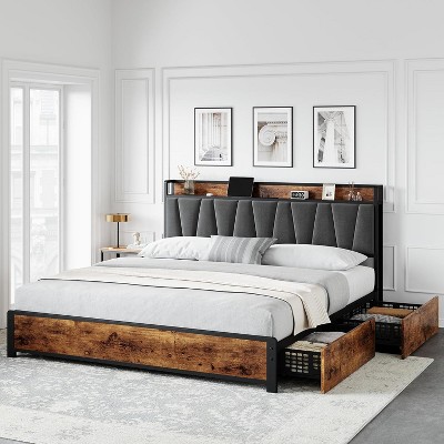 Full Size Bed Frame with Storage Linen Upholstered Headboard, 4 Drawers Platform Bed Frame with Charging Station, No Box Spring Needed, Brown