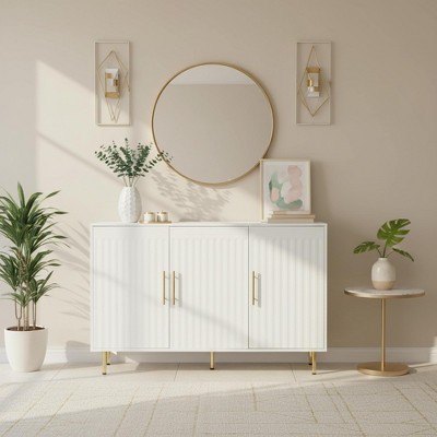 Homy Casa Modern White Accent Cabinet with Fluted Doors and Gold Metal Legs, Storage Sideboard for Living Room