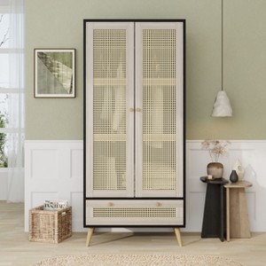 Kumasinova Bedroom Armoires,Wardrobe with 2 Rattan Doors,Drawer,Hanging Rod,Boho Wooden Wardrobe with Anti-Tipping Device for Bedroom,Living Room - 1 of 4