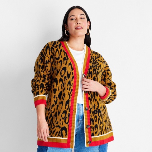 Women's Plus Size Leopard Print Varsity Cardigan - Future Collective™ with  Kahlana Barfield Brown Brown 1X